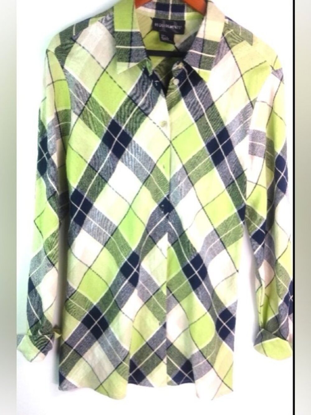 Requirements L Linen Blend Lime Diagonal Plaid Top